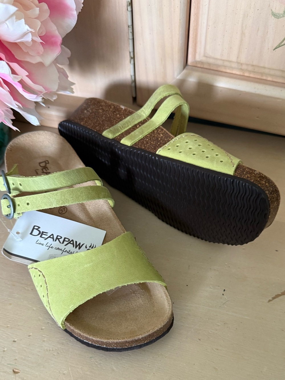 Lime Green Suede Slide Sandals with Buckle Straps (new)